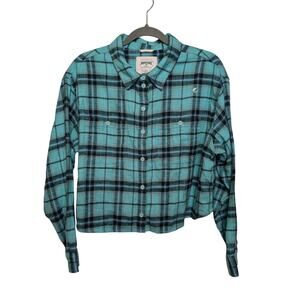 AMERICAN EAGLE Women Sz Lg Plaid Flannel Button Shirt Boxy Cropped Blue